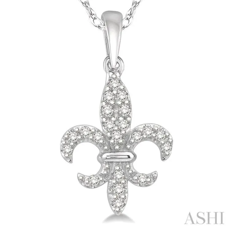 1/10 ctw Fleur De Lis Round Cut Diamond Pendant in 10K White Gold with chain
