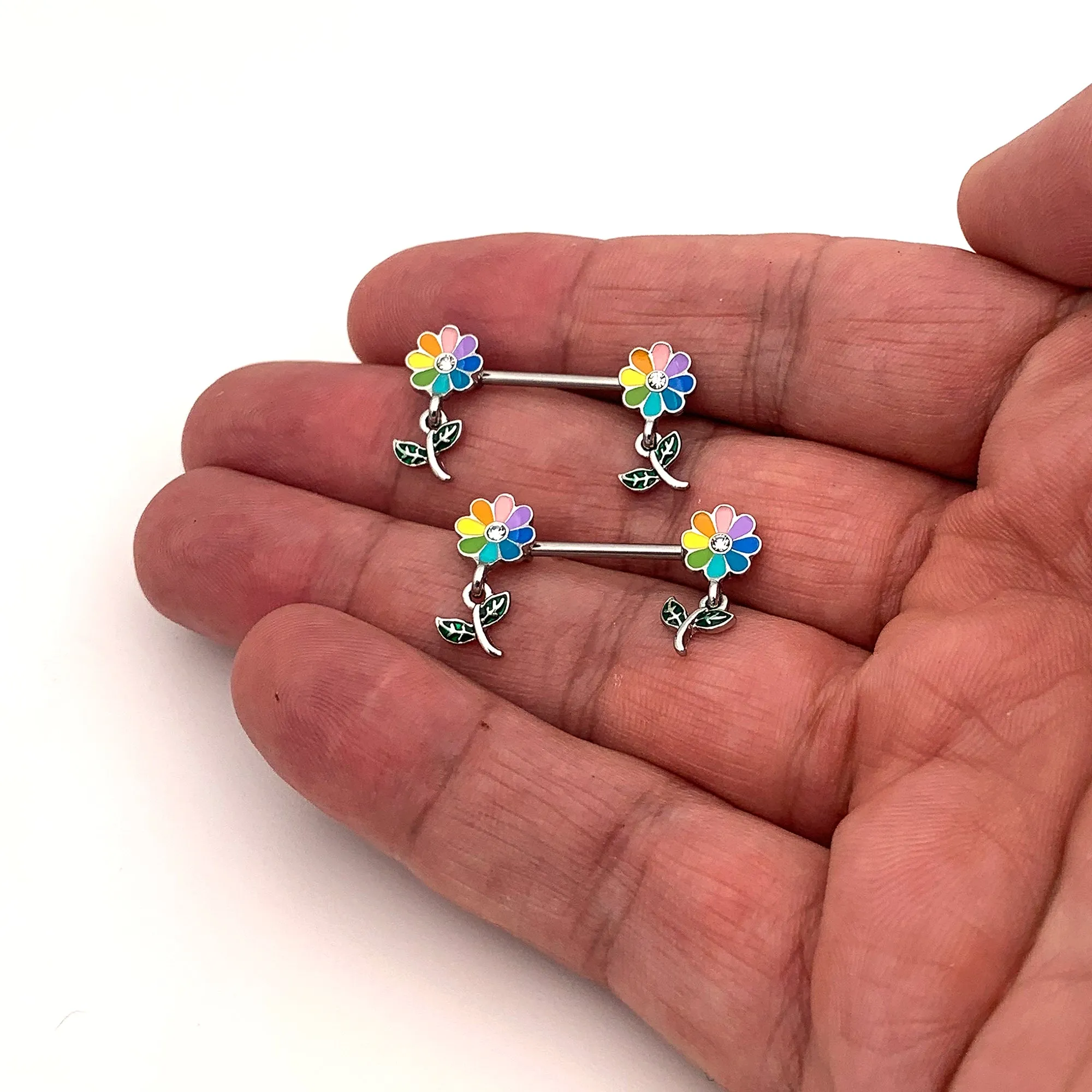 14 Gauge 9/16 Clear Gem Pride Rainbow Flower Dangle Nipple Ring Set
