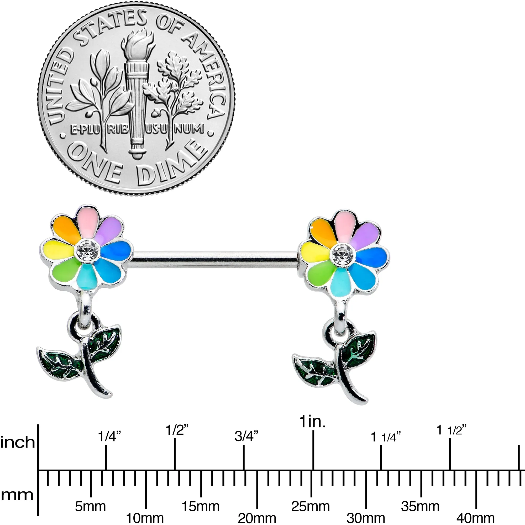 14 Gauge 9/16 Clear Gem Pride Rainbow Flower Dangle Nipple Ring Set