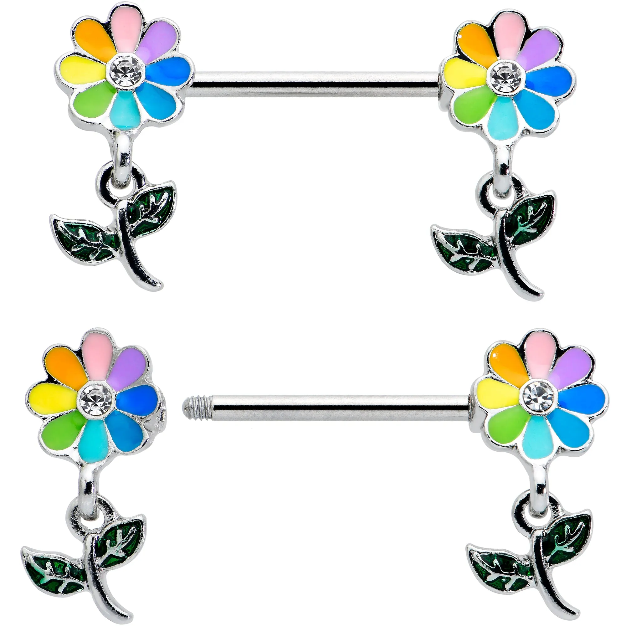 14 Gauge 9/16 Clear Gem Pride Rainbow Flower Dangle Nipple Ring Set