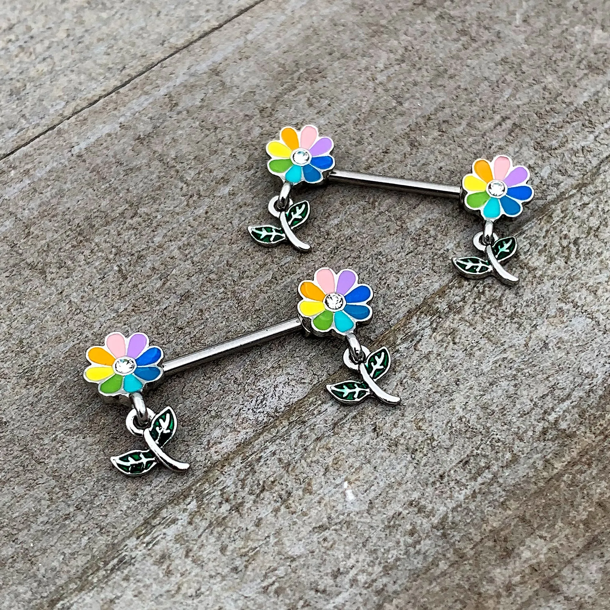 14 Gauge 9/16 Clear Gem Pride Rainbow Flower Dangle Nipple Ring Set