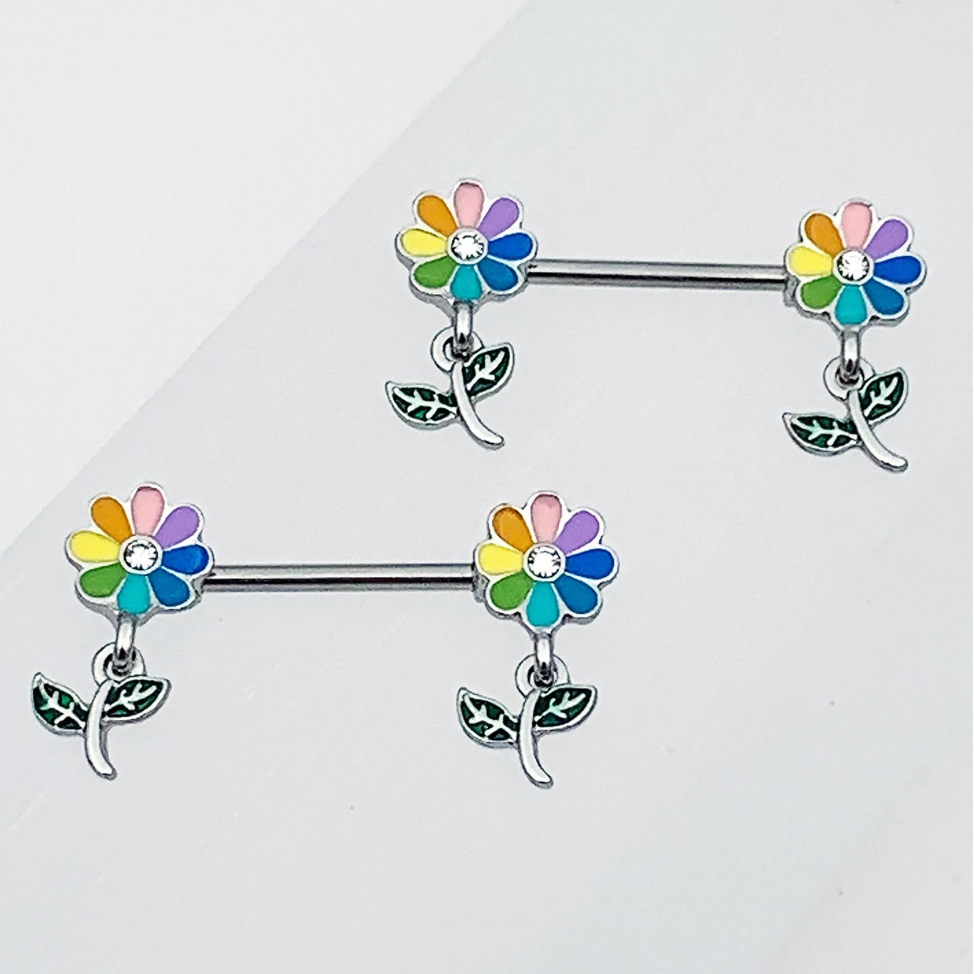 14 Gauge 9/16 Clear Gem Pride Rainbow Flower Dangle Nipple Ring Set