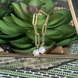 14K Pearl Paperclip Link Earrings with Pearl