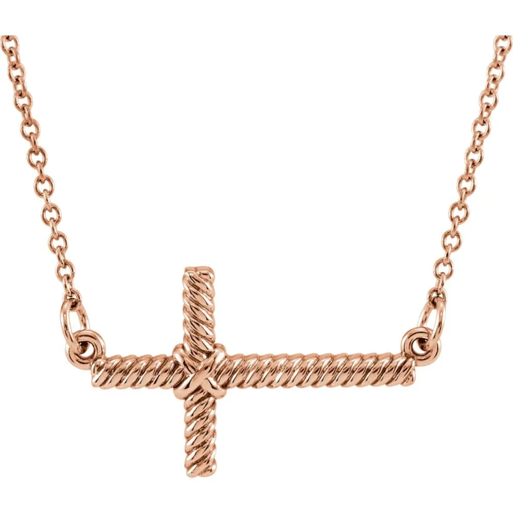 14k Rose Gold 11.3x20.15mm Sideways Rope Cross 16.5" Necklace
