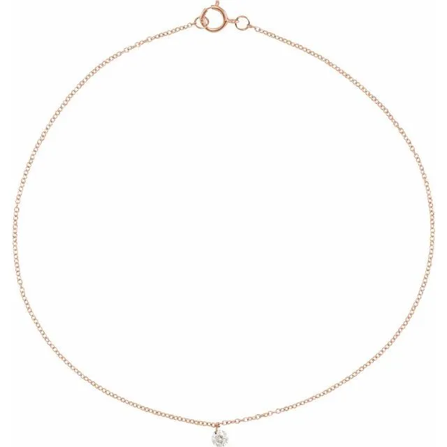 14K Rose Gold 1/6 CT Drilled Natural Diamond Solitaire 8-9" Anklet