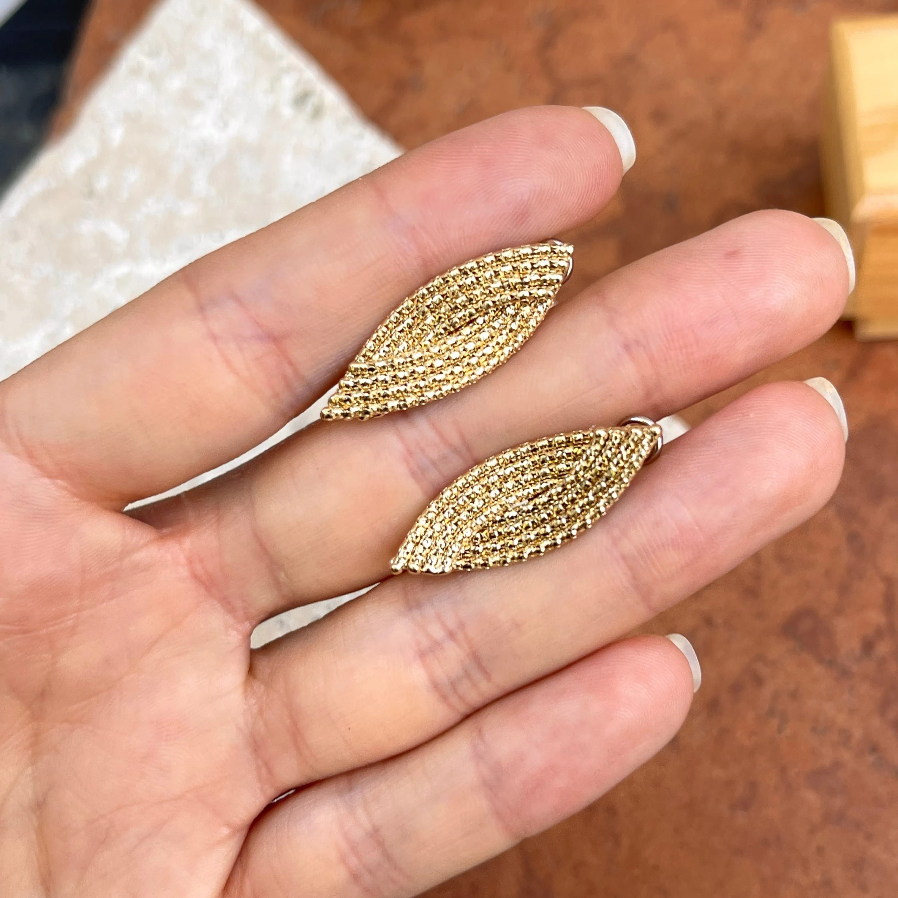 14KT Yellow Gold Textured Woven Marquise-Shaped Dangle Omega Earrings