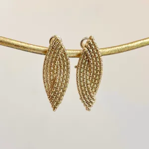 14KT Yellow Gold Textured Woven Marquise-Shaped Dangle Omega Earrings