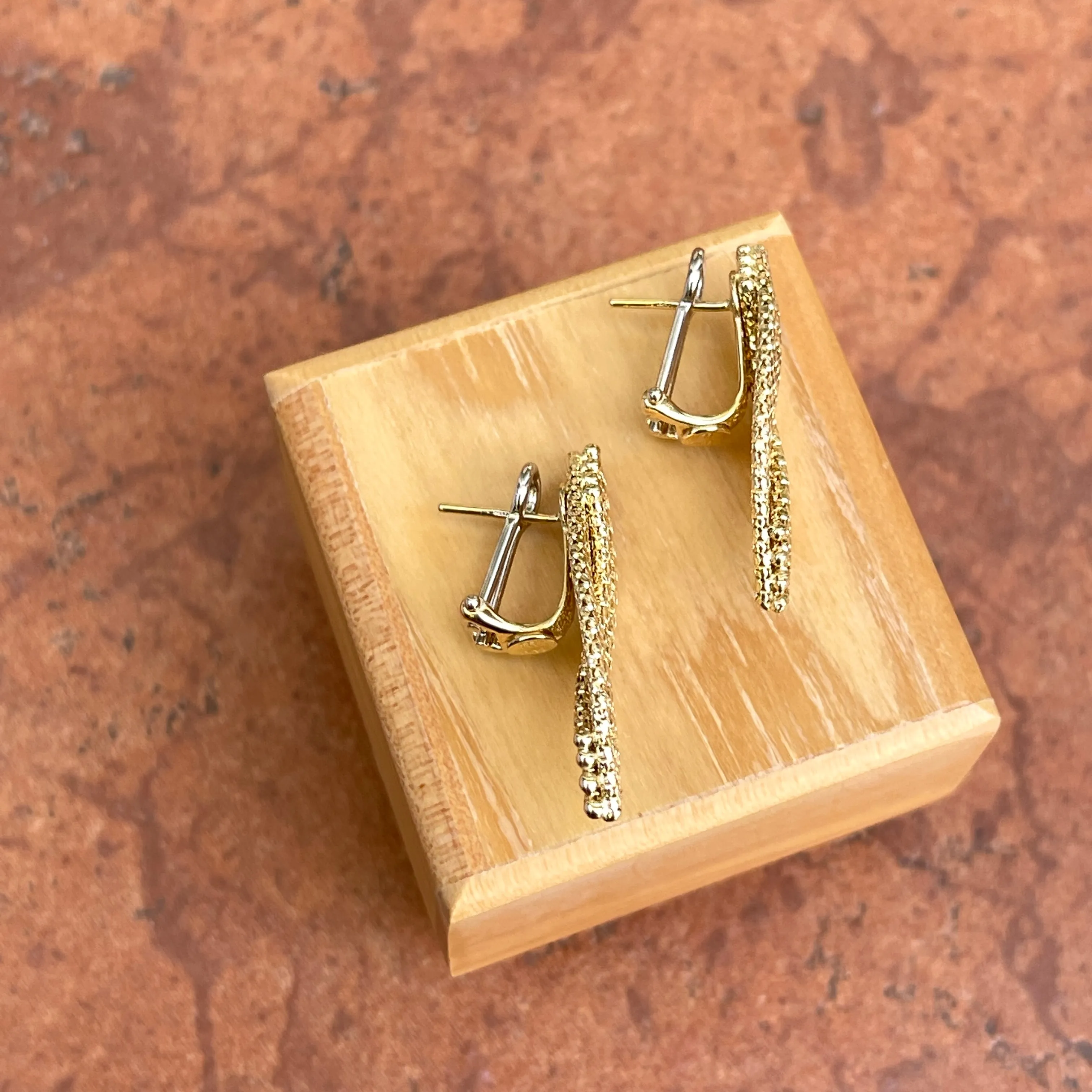 14KT Yellow Gold Textured Woven Marquise-Shaped Dangle Omega Earrings