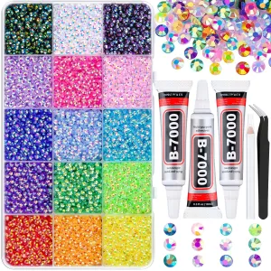 18000Pcs Resin Jelly Rhinestones for Crafting, Multicolor 3Mm Flatback Rainbow Gems, Bedazzling Crystal with 3Pcs 10Ml B7000 Jewelry Glue for DIY Crafts Clothing Shoes Nail Art