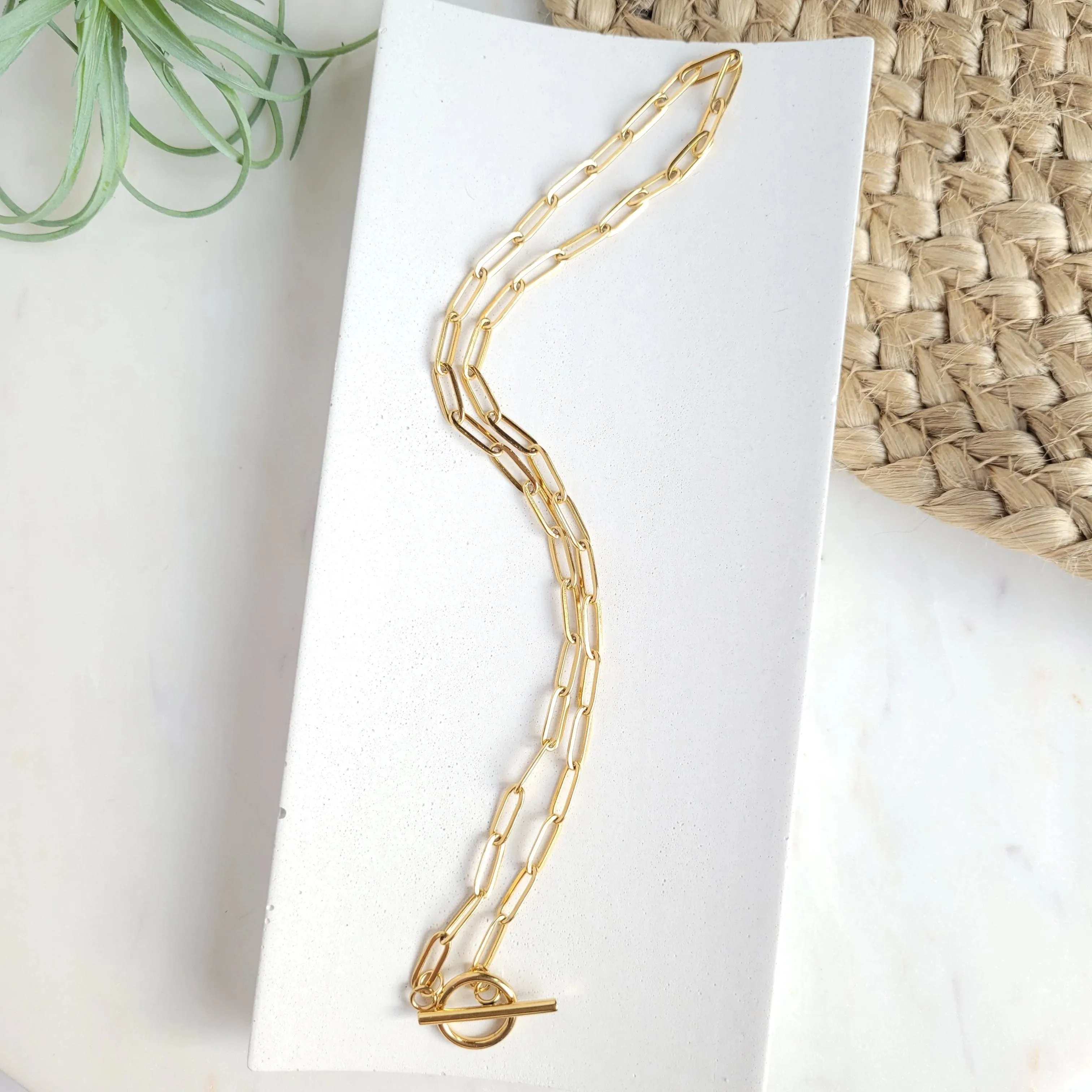 18k Gold Plated Paper Clip Chain with Toggle Clasp