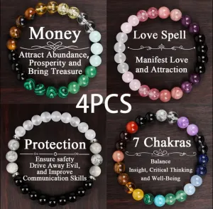 4pcs Beaded Bracelet Set with Natural Citrine, Malachite, Rose Quartz& Tiger Eye- Elegant Protection & Wealth Attraction
