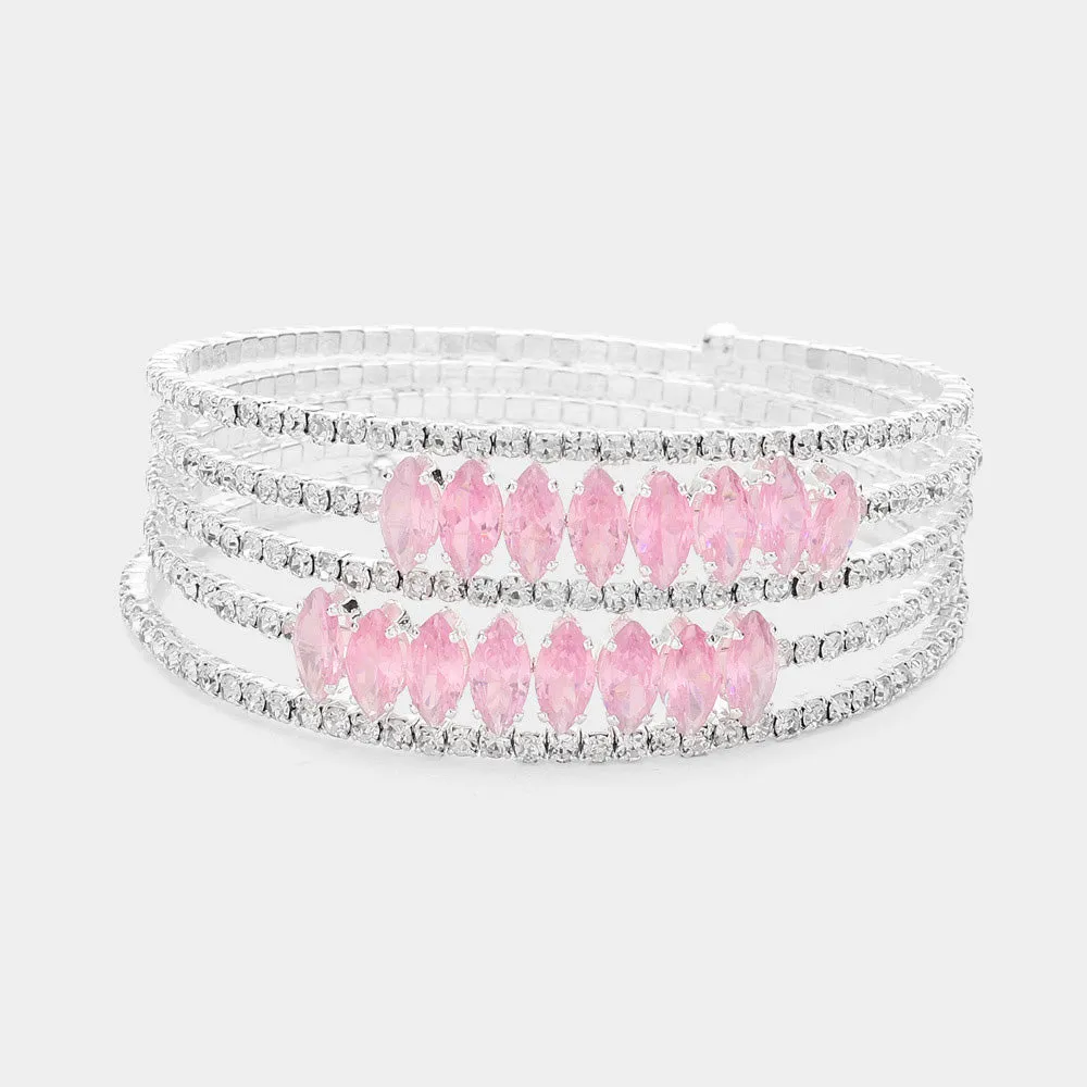 5-Row Pink CZ Marquise and Rhinestone Adjustable Pageant Bracelet  | Prom Bracelet |  622962