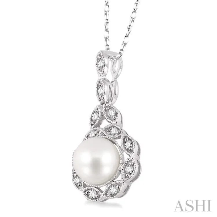 6.5 MM Cultured Pearl and 1/10 ctw Single Cut Diamond Pendant in 10K White Gold with Chain