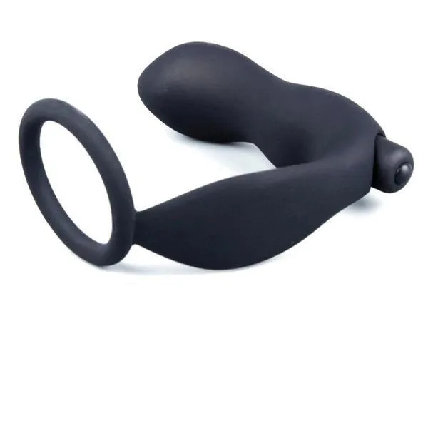 6838M      Vibrating Black Silicone 2 Point Prostate Pleaser with Cock Ring - MEGA Deal