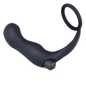 6838M      Vibrating Black Silicone 2 Point Prostate Pleaser with Cock Ring - MEGA Deal