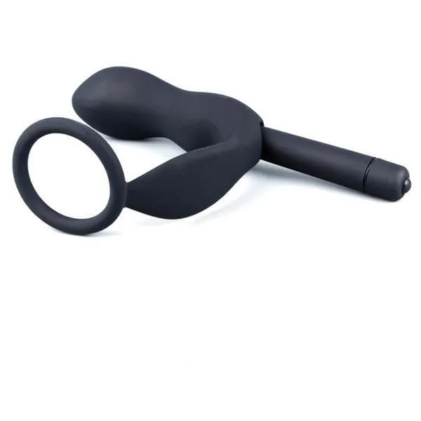 6838M      Vibrating Black Silicone 2 Point Prostate Pleaser with Cock Ring - MEGA Deal