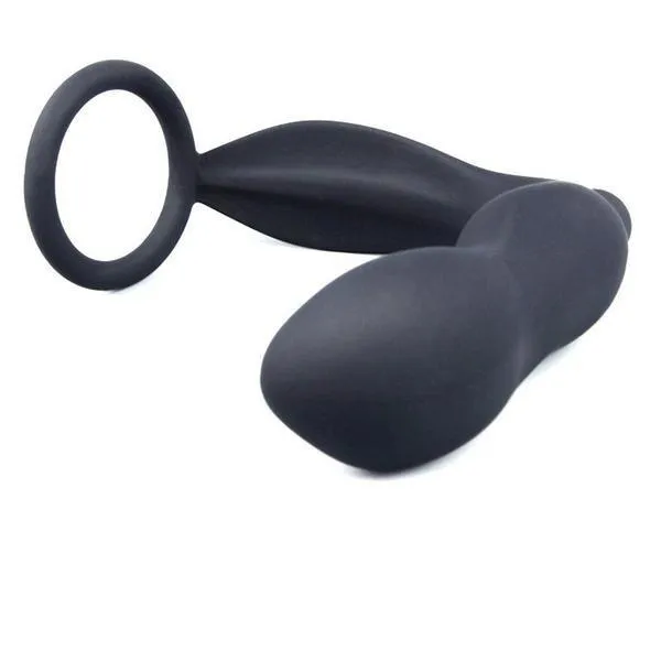 6838M      Vibrating Black Silicone 2 Point Prostate Pleaser with Cock Ring