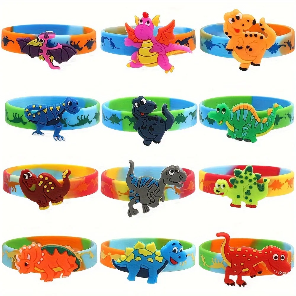 6pcs Dino Themed Silicone Bracelets - Fun Wristbands for Parties & Holidays