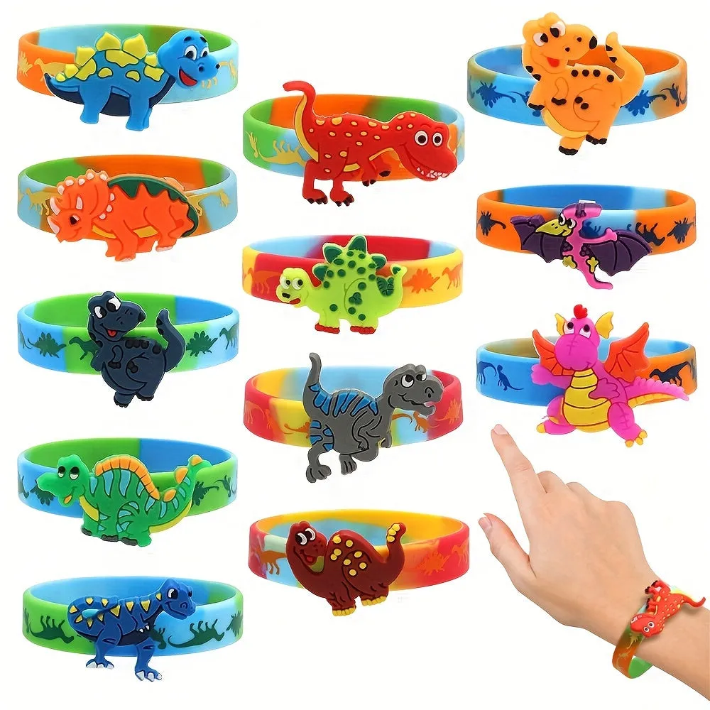 6pcs Dino Themed Silicone Bracelets - Fun Wristbands for Parties & Holidays
