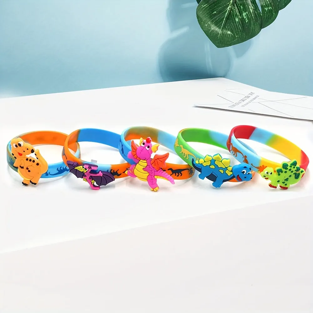 6pcs Dino Themed Silicone Bracelets - Fun Wristbands for Parties & Holidays