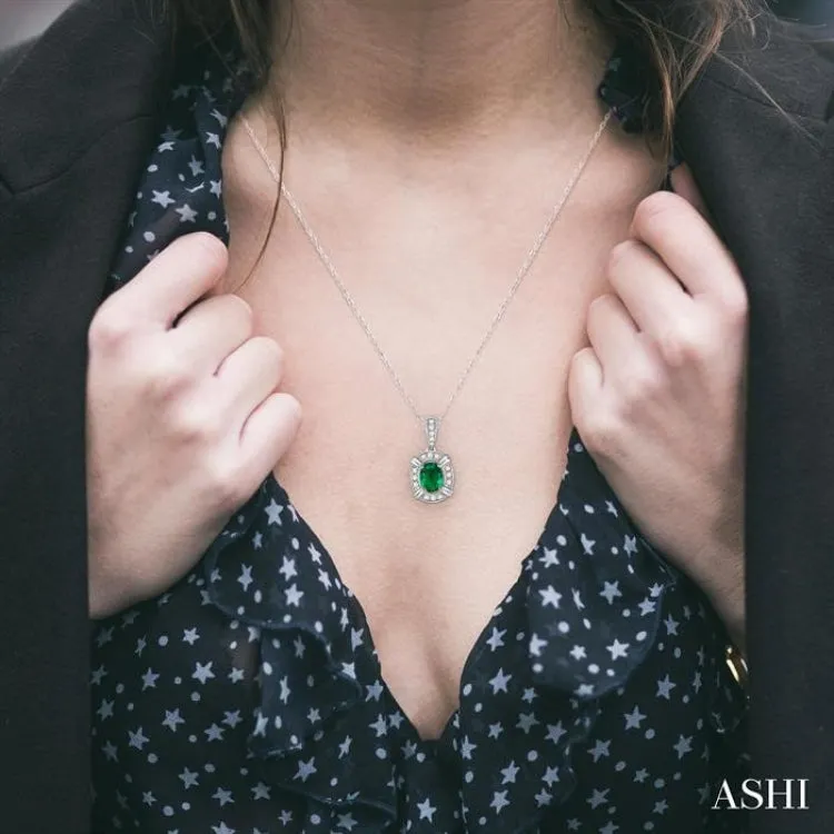 6x4 MM Oval Cut Emerald and 1/10 ctw Single Cut Diamond Pendant in 14K White Gold with Chain