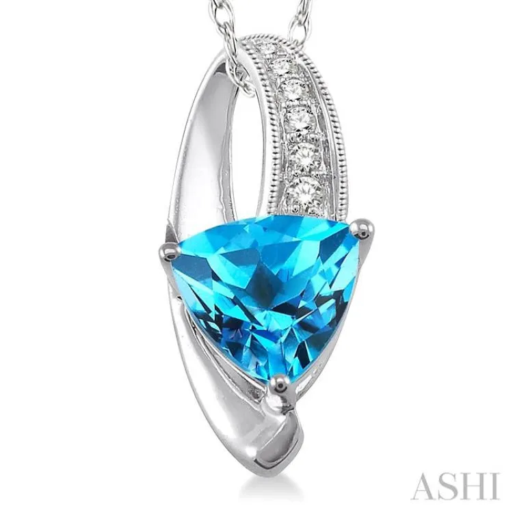 8x8 MM Trillion Cut Blue Topaz and 1/20 ctw Single Cut Diamond Pendant in 10K White Gold with Chain