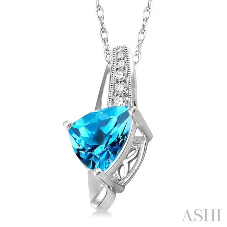8x8 MM Trillion Cut Blue Topaz and 1/20 ctw Single Cut Diamond Pendant in 10K White Gold with Chain