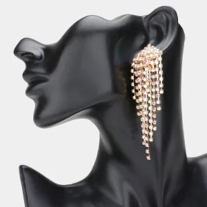 AB Rhinestone Waterfall Fringe Pageant Clip On Earrings on Gold| Clip On Prom Earrings |  627820