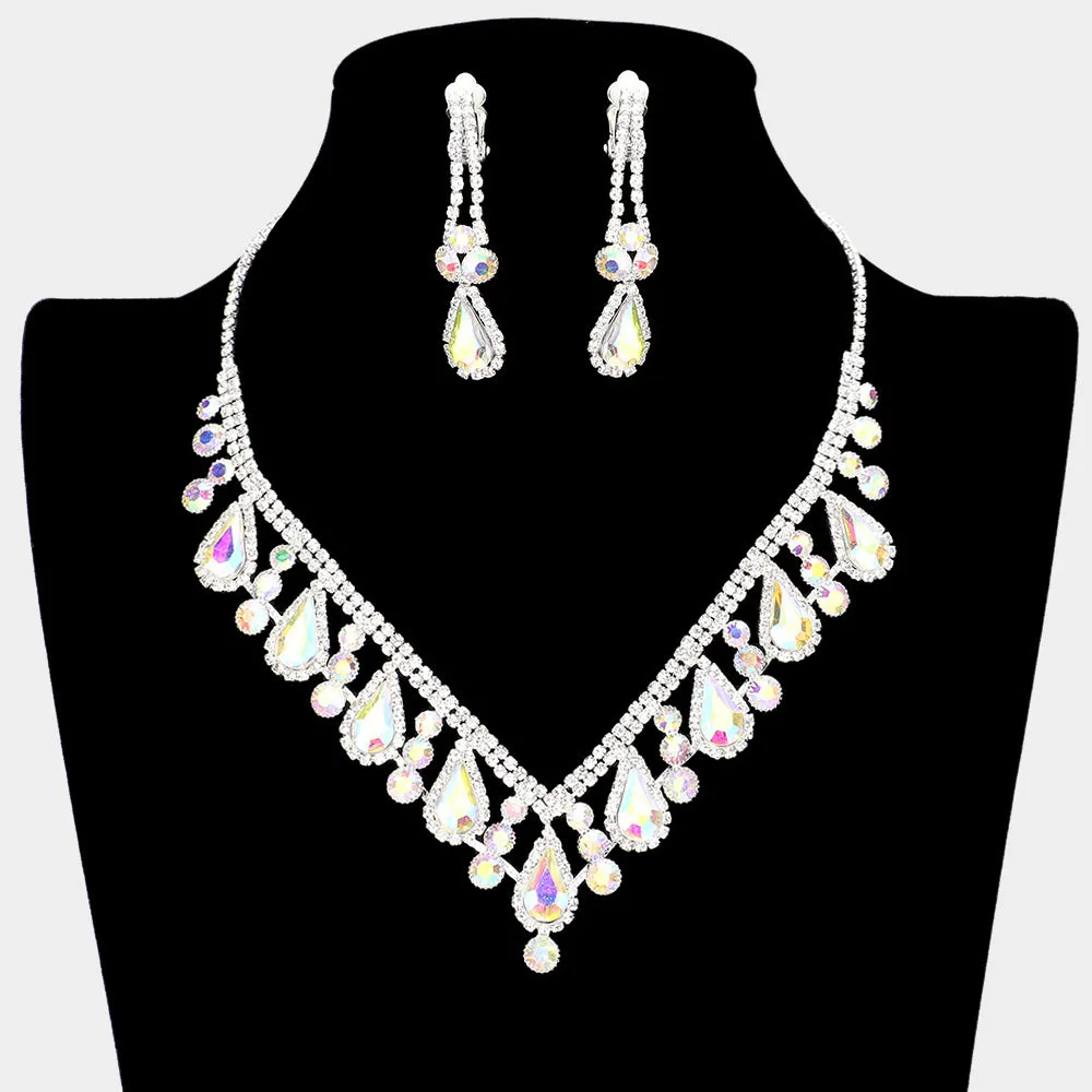 AB Teardrop and Rhinestone Necklace with Clip On Earrings  | Prom Jewelry |  418996