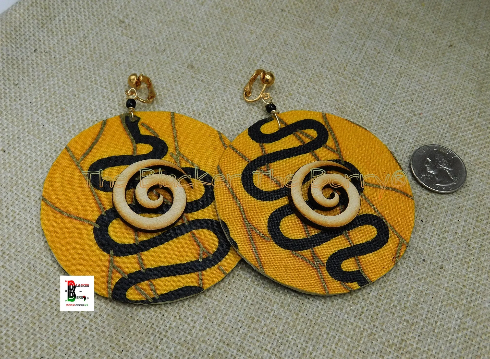 African Clip On Earrings Ankara Jewelry Yellow Black Gold Beaded Handmade Black Owned