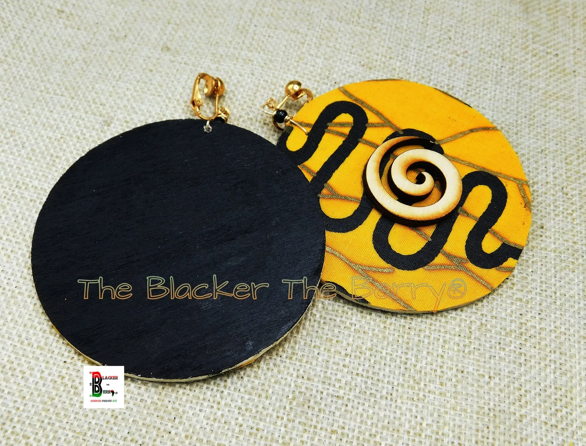 African Clip On Earrings Ankara Jewelry Yellow Black Gold Beaded Handmade Black Owned