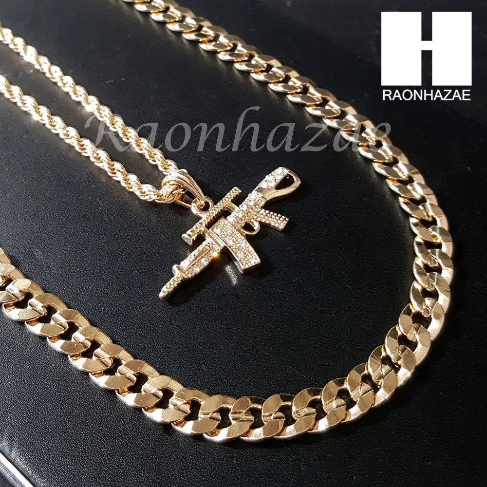 AK47 MACHINE GUN CHAIN DIAMOND CUT 30" CUBAN LINK CHAIN NECKLACE S077G