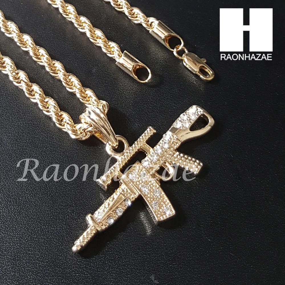 AK47 MACHINE GUN CHAIN DIAMOND CUT 30" CUBAN LINK CHAIN NECKLACE S077G