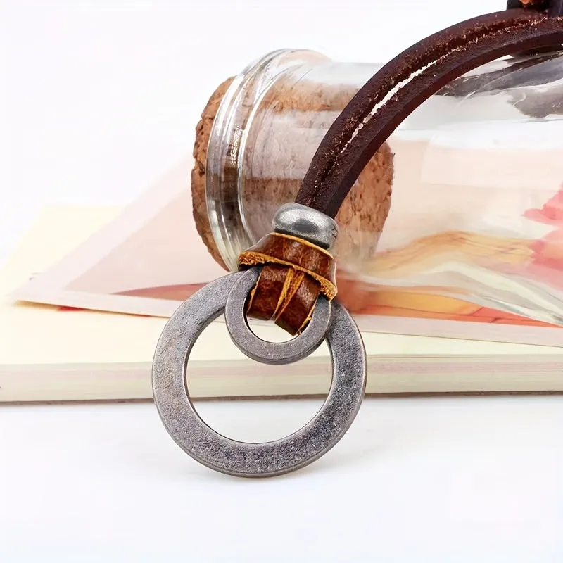 Alloy Circle Pendant Leather Rope Men's Necklace