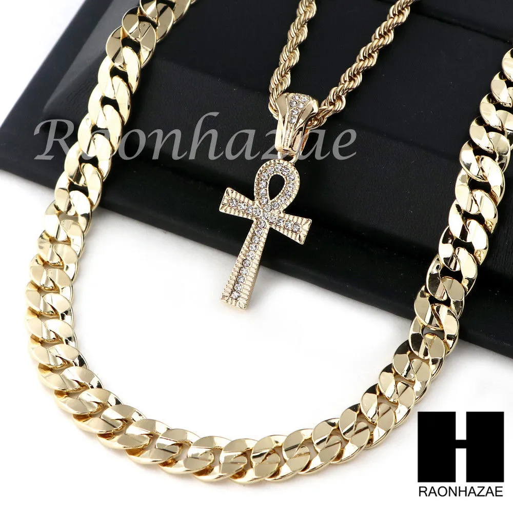 ANKH CROSS ROPE CHAIN DIAMOND CUT 30" CUBAN LINK CHAIN NECKLACE SS07G
