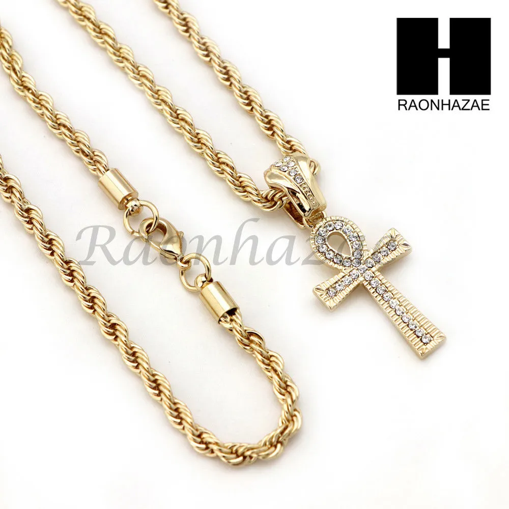 ANKH CROSS ROPE CHAIN DIAMOND CUT 30" CUBAN LINK CHAIN NECKLACE SS07G