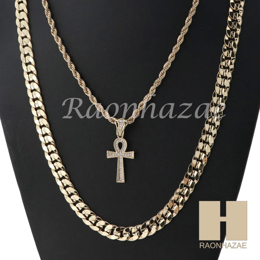 ANKH CROSS ROPE CHAIN DIAMOND CUT 30" CUBAN LINK CHAIN NECKLACE SS07G