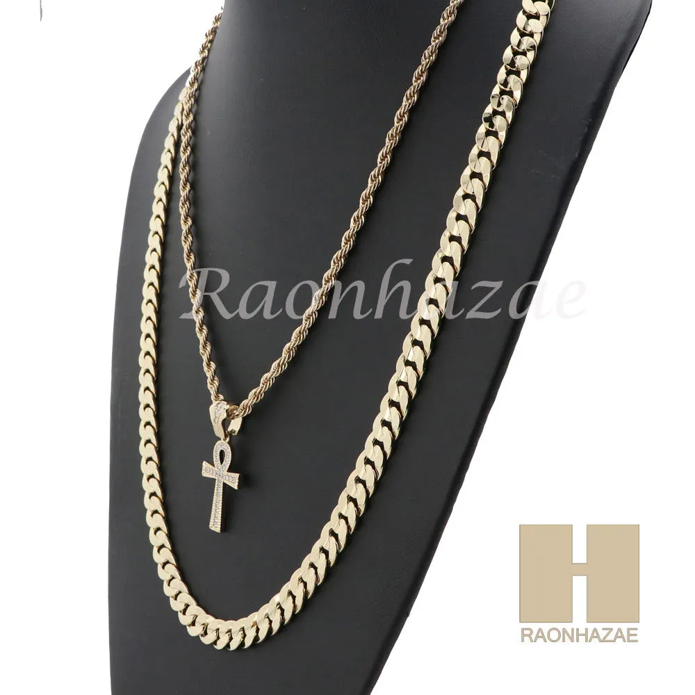 ANKH CROSS ROPE CHAIN DIAMOND CUT 30" CUBAN LINK CHAIN NECKLACE SS07G