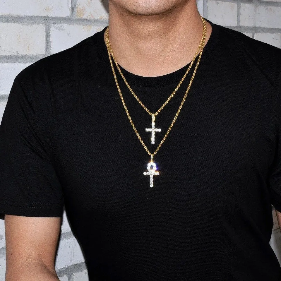 ankh necklace 2 piece set,Iced Zircon Ankh Cross Necklace Set Gold Silver Bling CZ Key To Life Egypt Cross Necklace Hip Hop Jewelry