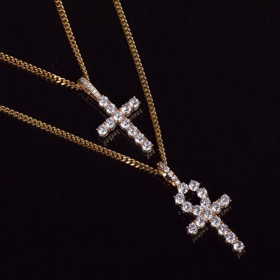 ankh necklace 2 piece set,Iced Zircon Ankh Cross Necklace Set Gold Silver Bling CZ Key To Life Egypt Cross Necklace Hip Hop Jewelry