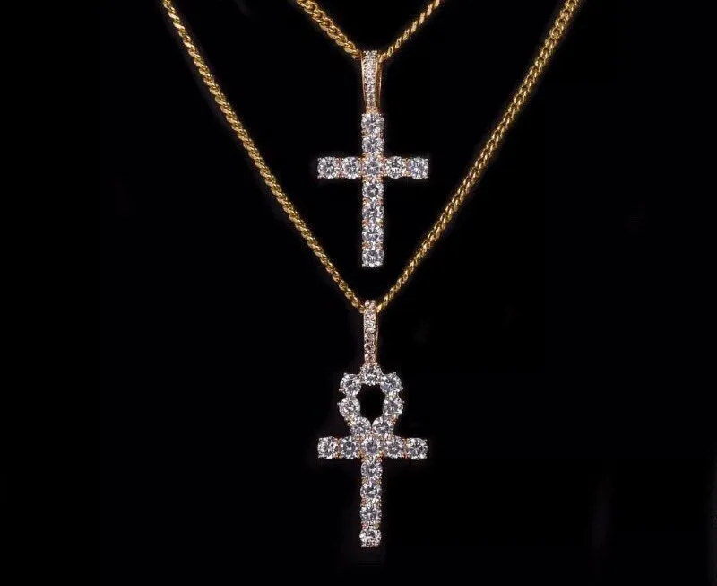 ankh necklace 2 piece set,Iced Zircon Ankh Cross Necklace Set Gold Silver Bling CZ Key To Life Egypt Cross Necklace Hip Hop Jewelry
