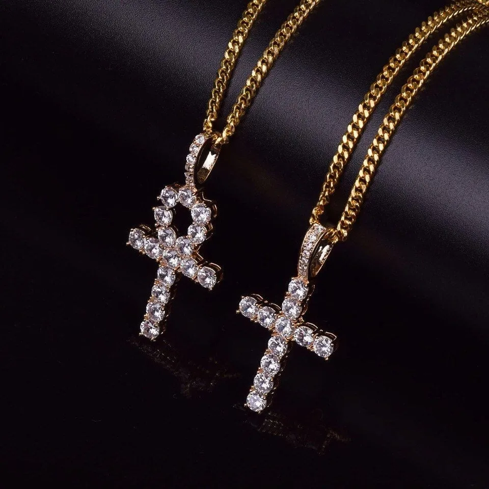 ankh necklace 2 piece set,Iced Zircon Ankh Cross Necklace Set Gold Silver Bling CZ Key To Life Egypt Cross Necklace Hip Hop Jewelry