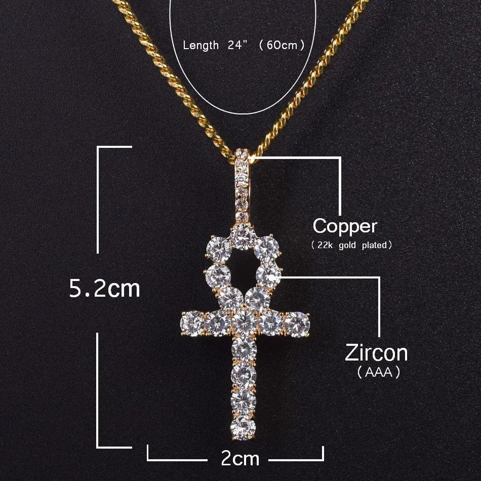 ankh necklace 2 piece set,Iced Zircon Ankh Cross Necklace Set Gold Silver Bling CZ Key To Life Egypt Cross Necklace Hip Hop Jewelry