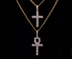 ankh necklace 2 piece set,Iced Zircon Ankh Cross Necklace Set Gold Silver Bling CZ Key To Life Egypt Cross Necklace Hip Hop Jewelry
