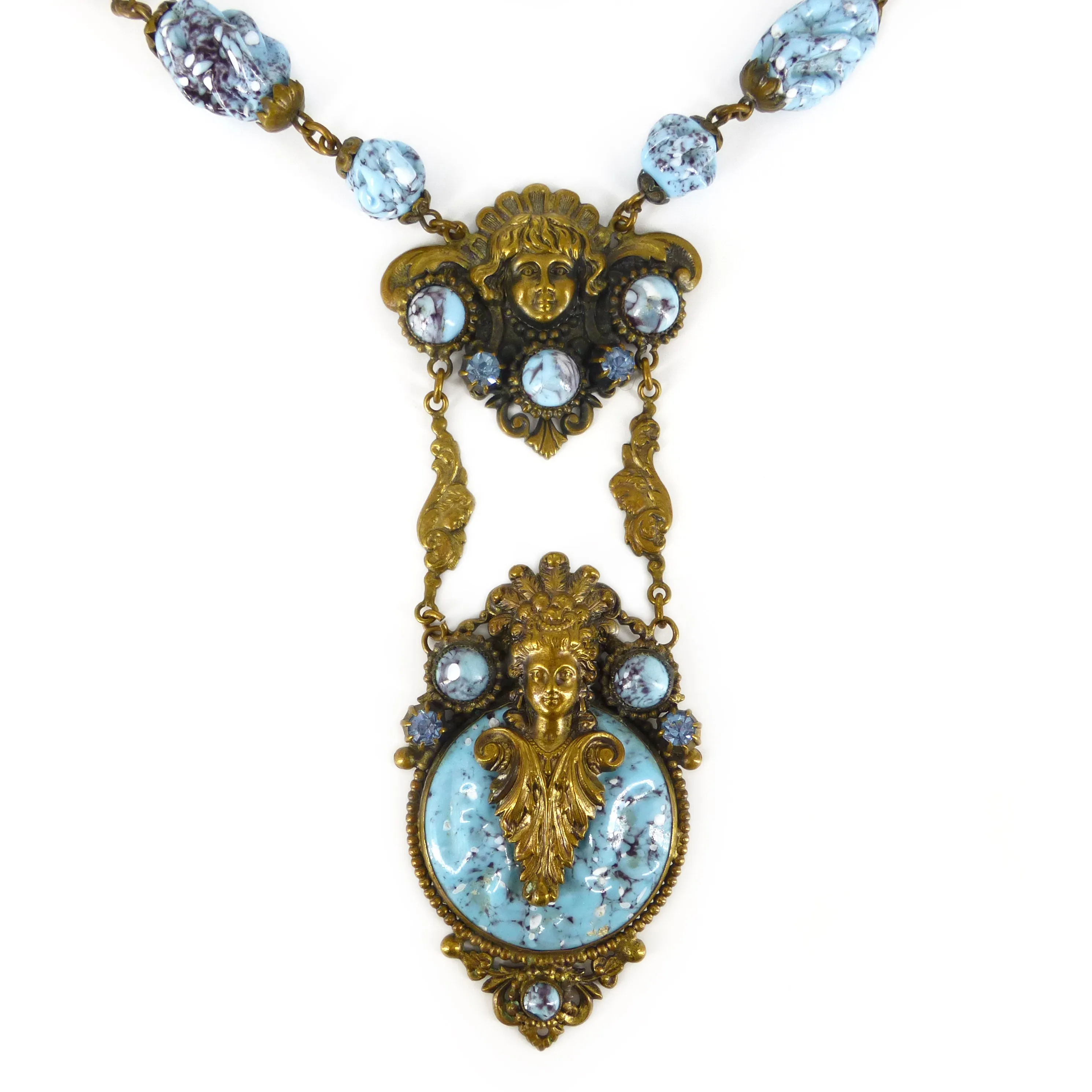 Antique Art Deco Neiger Brothers Figural Art Nouveau Lady Glass Bead Necklace