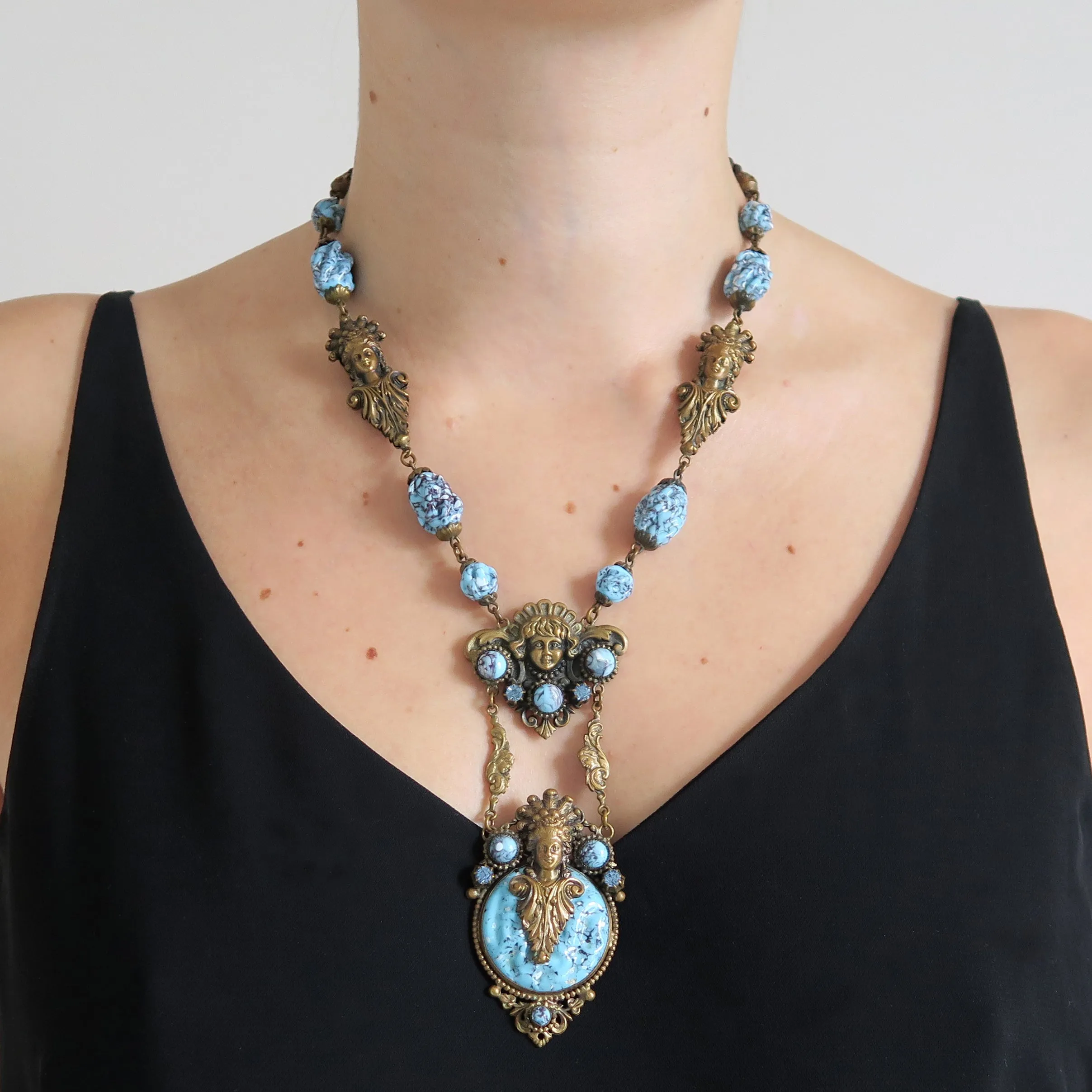 Antique Art Deco Neiger Brothers Figural Art Nouveau Lady Glass Bead Necklace