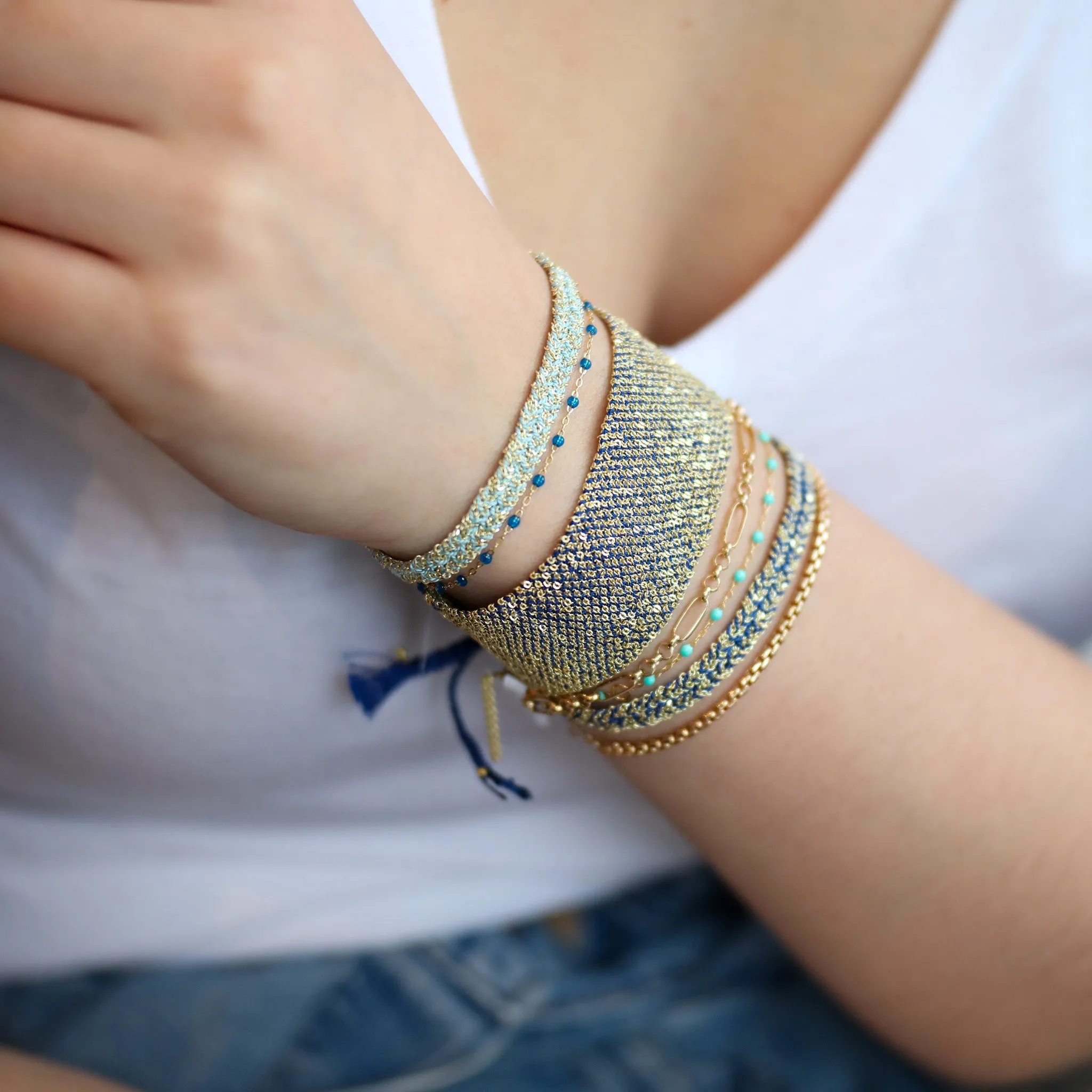 Aqua Silk and Yellow Gold Vermeil Chain Woven Bracelet