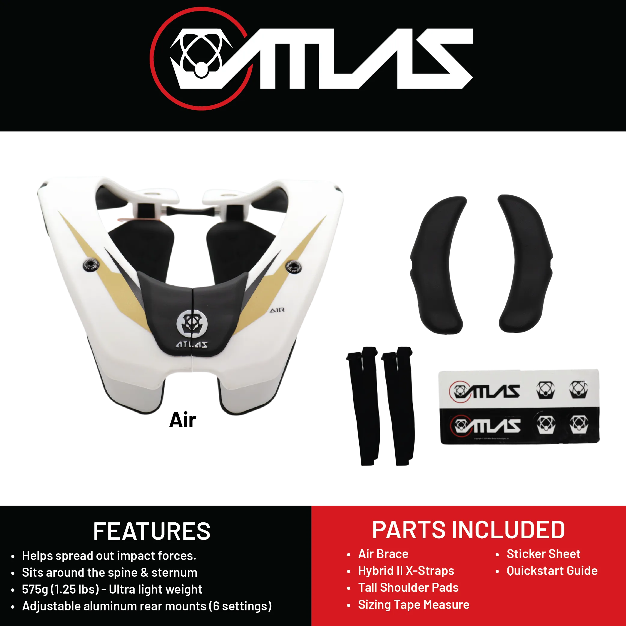 Atlas Air Anti-Compression Sport Neck Brace (Adult - Small) for Use In: Powersports, Offroad Racing, Motocross, Mountain Biking, BMX, Snowmobiling, Snowboarding (White/Gold)