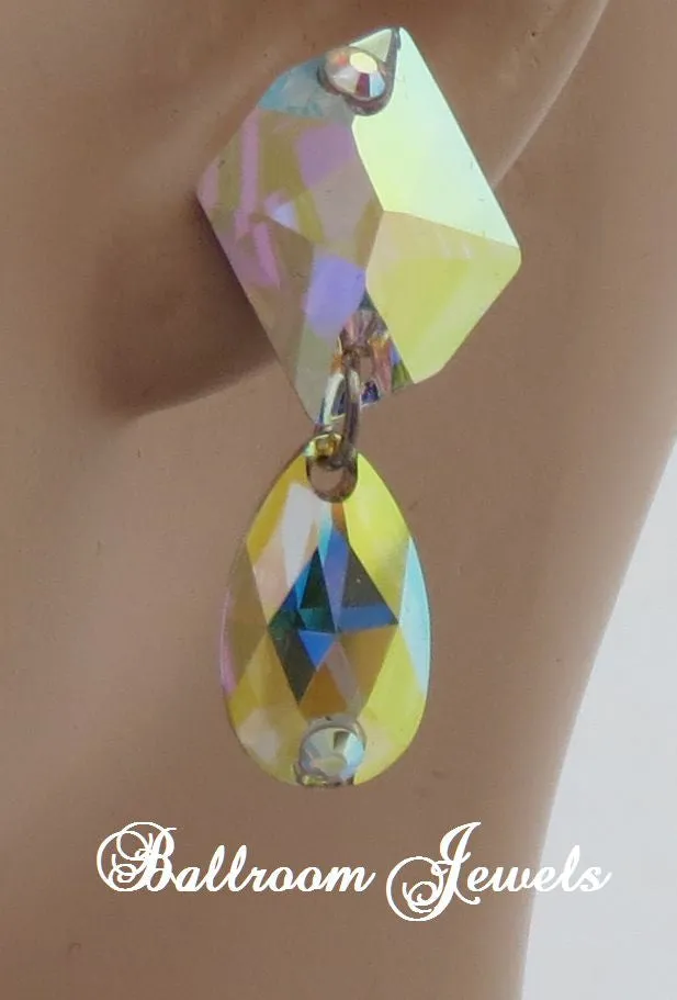 Ballroom Crystal Cosmic and pear drop earrings in Aurora borealis