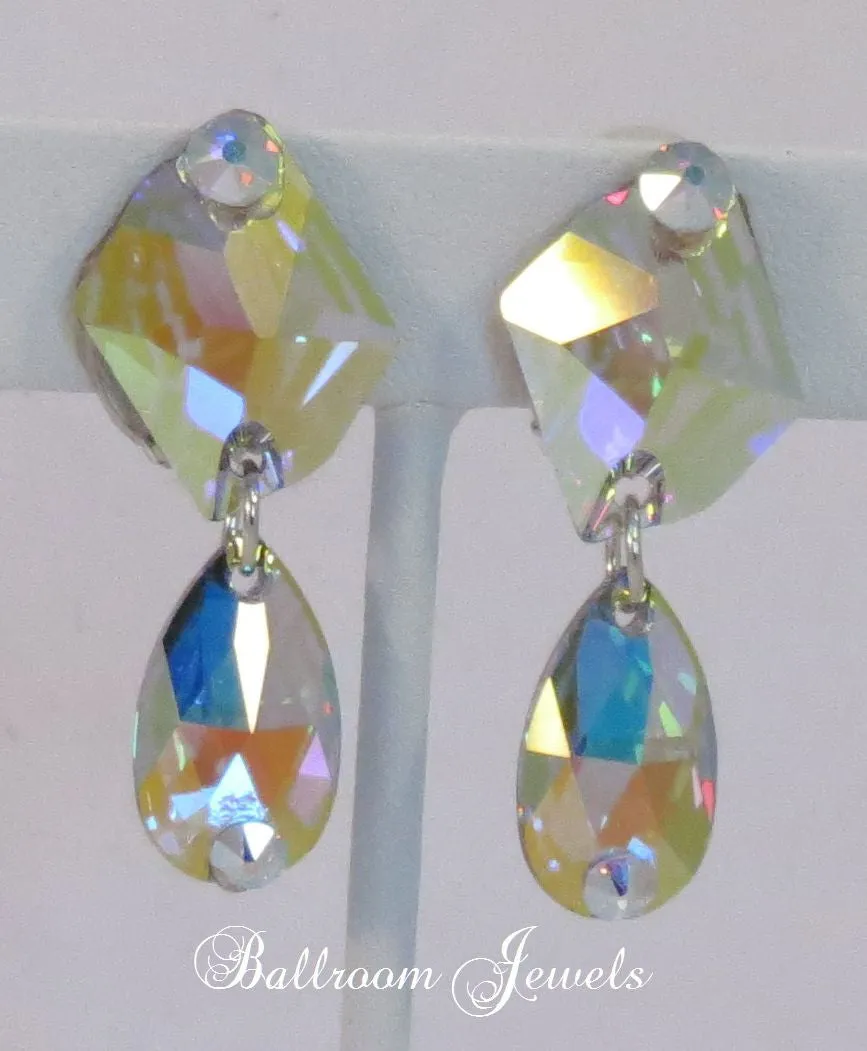 Ballroom Crystal Cosmic and pear drop earrings in Aurora borealis